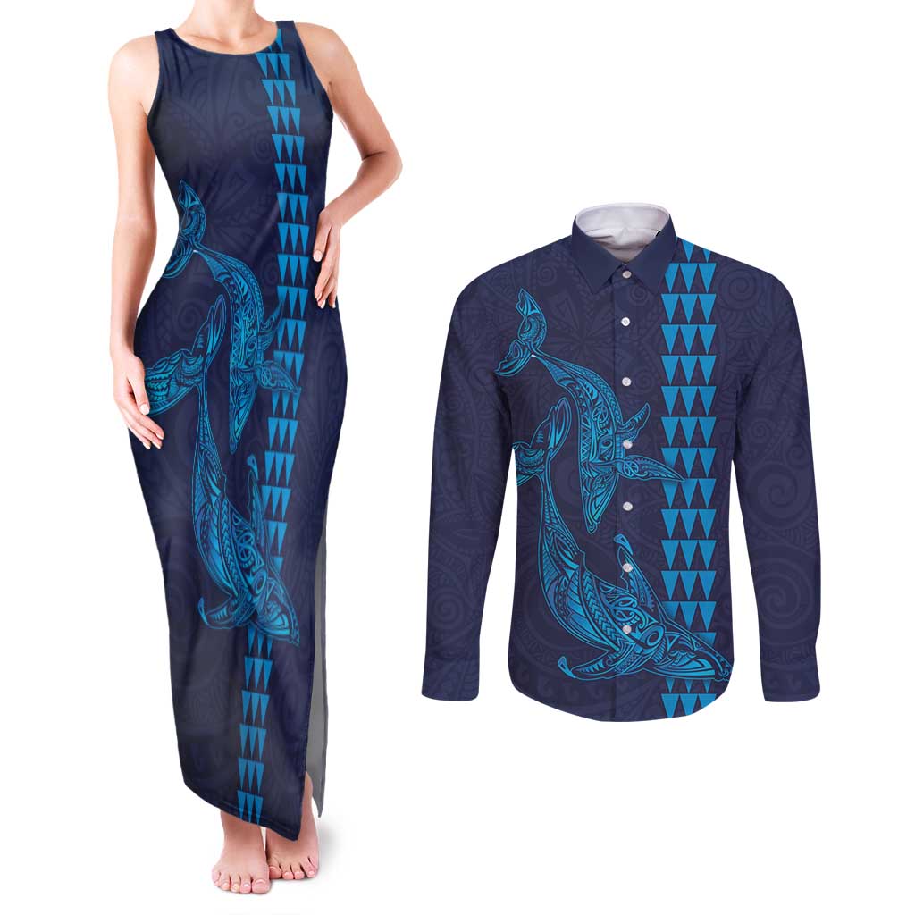 Aloha Hawaii Whale Kakau and Polynesian Tattoo Couples Matching Tank Maxi Dress and Long Sleeve Button Shirt Dark Navy Color