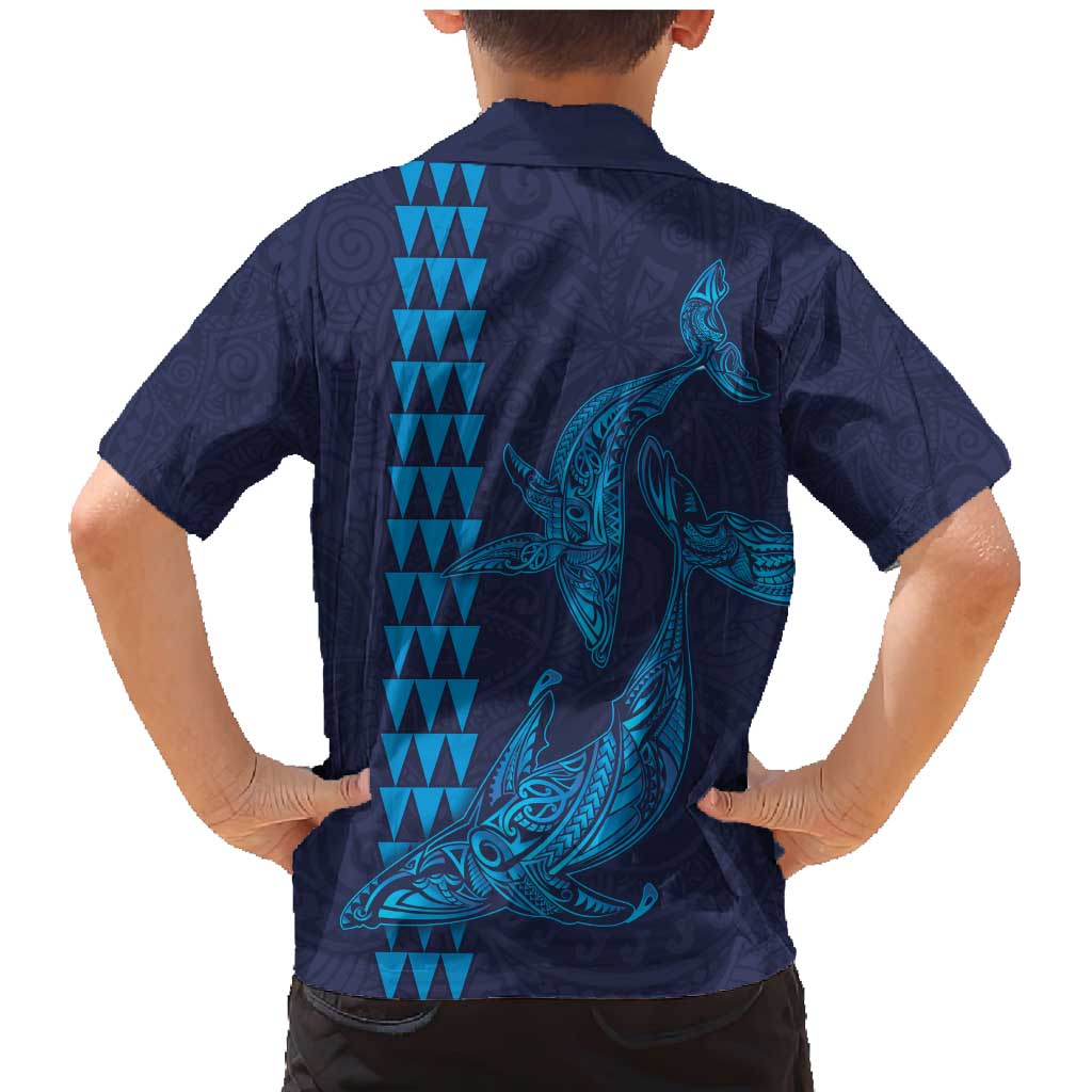 Aloha Hawaii Whale Kakau and Polynesian Tattoo Family Matching Mermaid Dress and Hawaiian Shirt Dark Navy Color