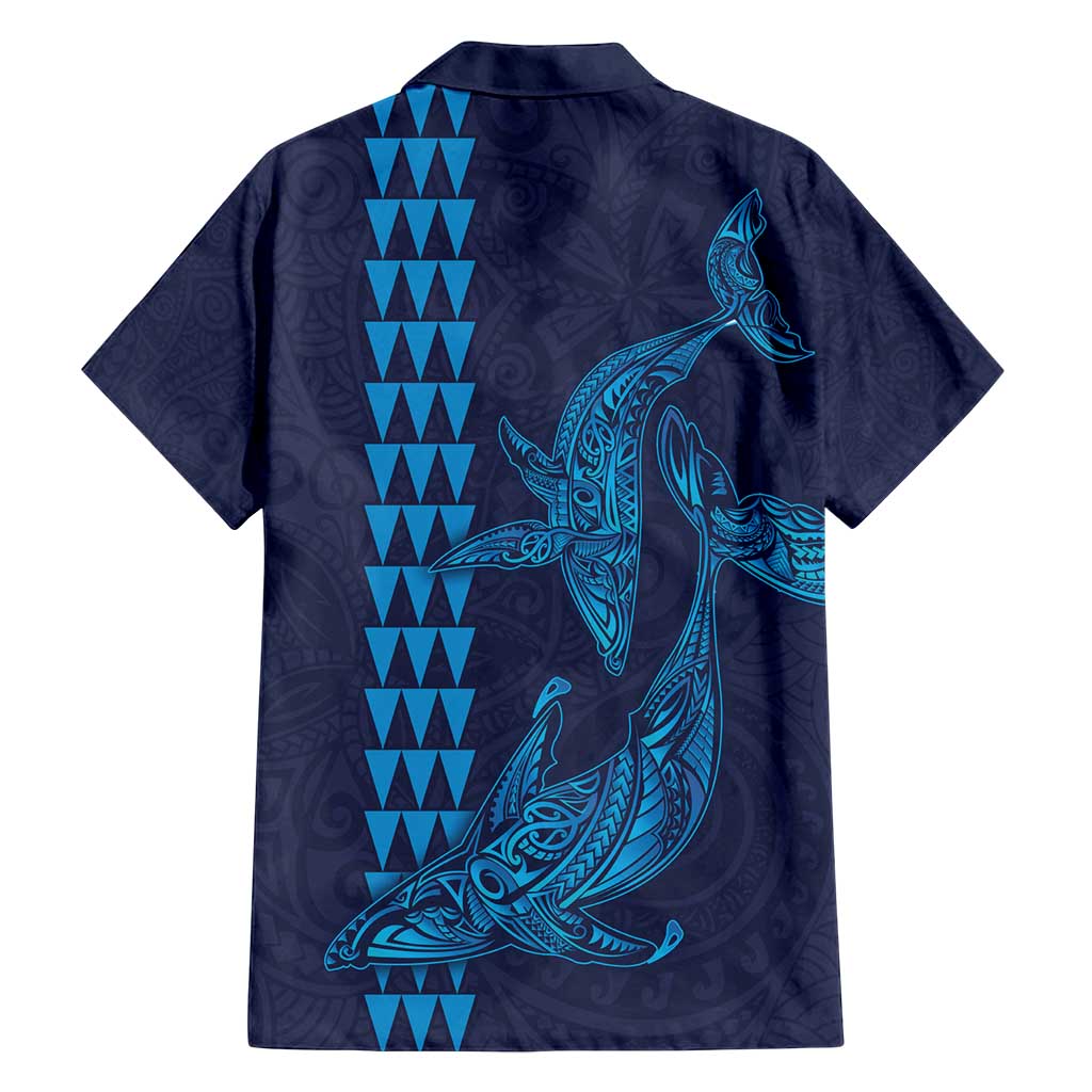 Aloha Hawaii Whale Kakau and Polynesian Tattoo Family Matching Off Shoulder Maxi Dress and Hawaiian Shirt Dark Navy Color