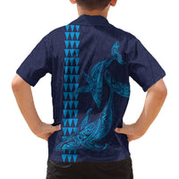 Aloha Hawaii Whale Kakau and Polynesian Tattoo Family Matching Off Shoulder Short Dress and Hawaiian Shirt Dark Navy Color