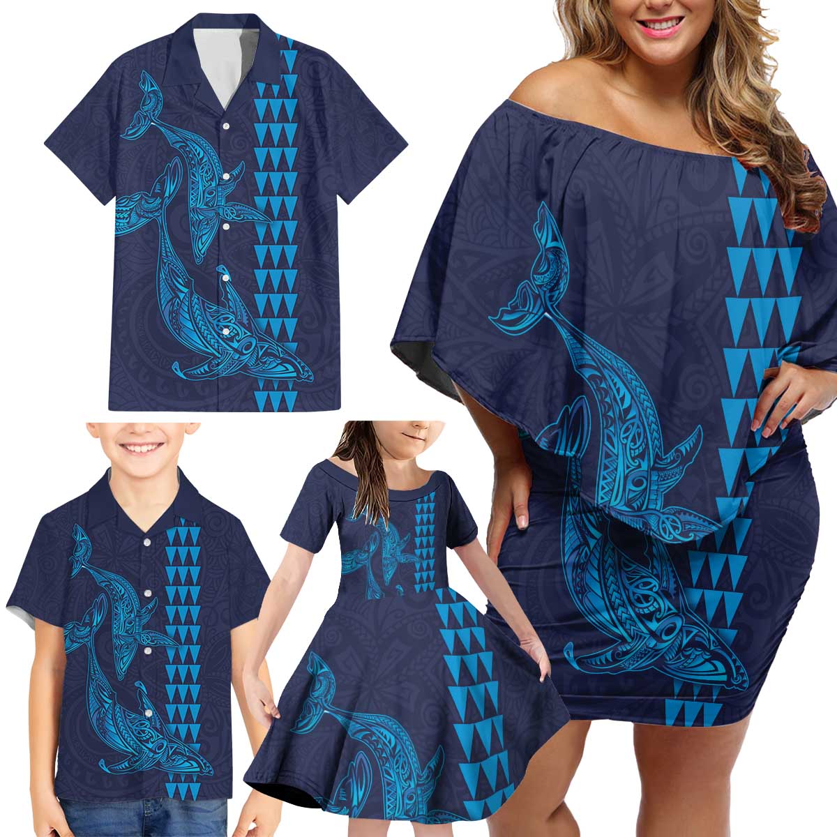 Aloha Hawaii Whale Kakau and Polynesian Tattoo Family Matching Off Shoulder Short Dress and Hawaiian Shirt Dark Navy Color