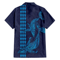 Aloha Hawaii Whale Kakau and Polynesian Tattoo Family Matching Off Shoulder Short Dress and Hawaiian Shirt Dark Navy Color