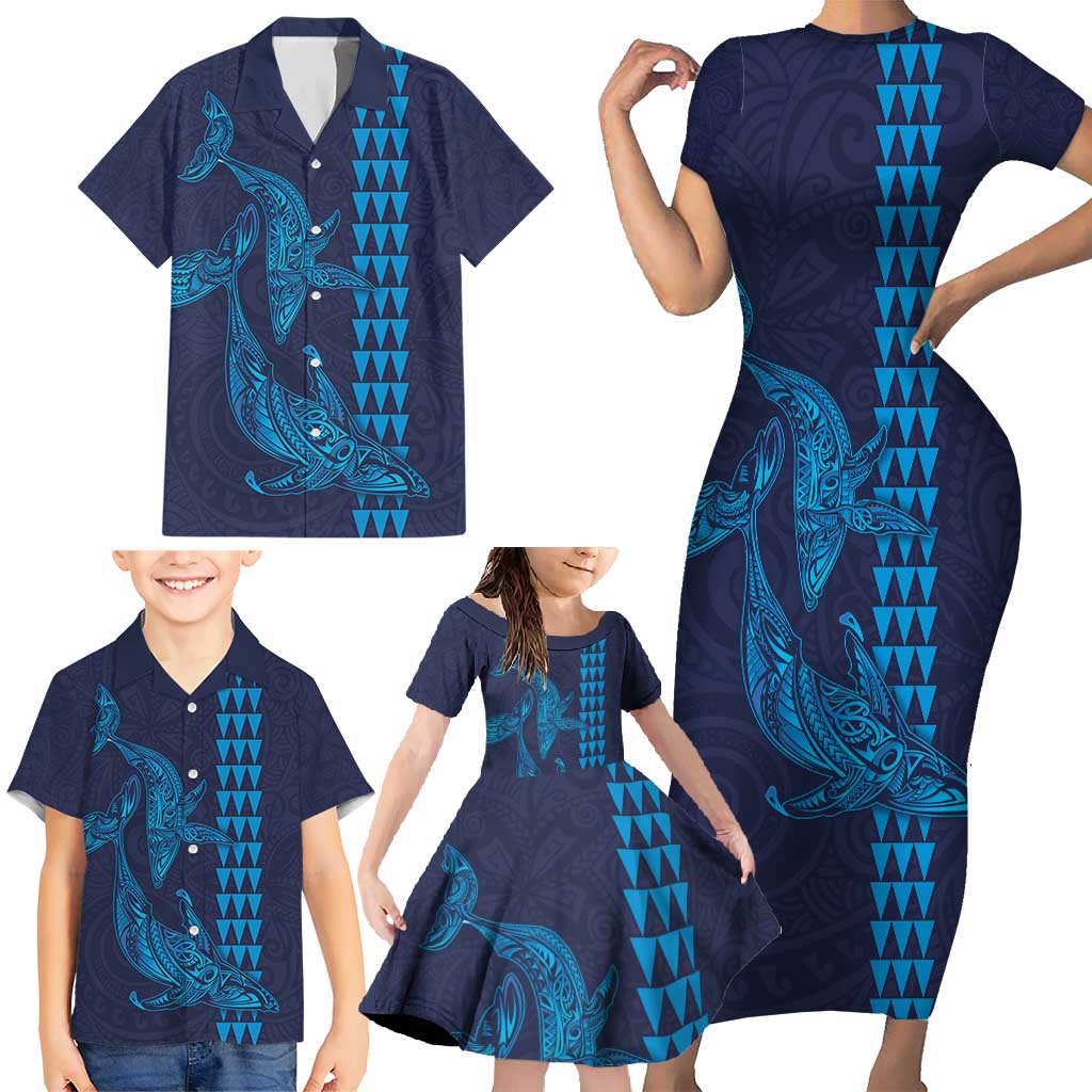 Aloha Hawaii Whale Kakau and Polynesian Tattoo Family Matching Short Sleeve Bodycon Dress and Hawaiian Shirt Dark Navy Color