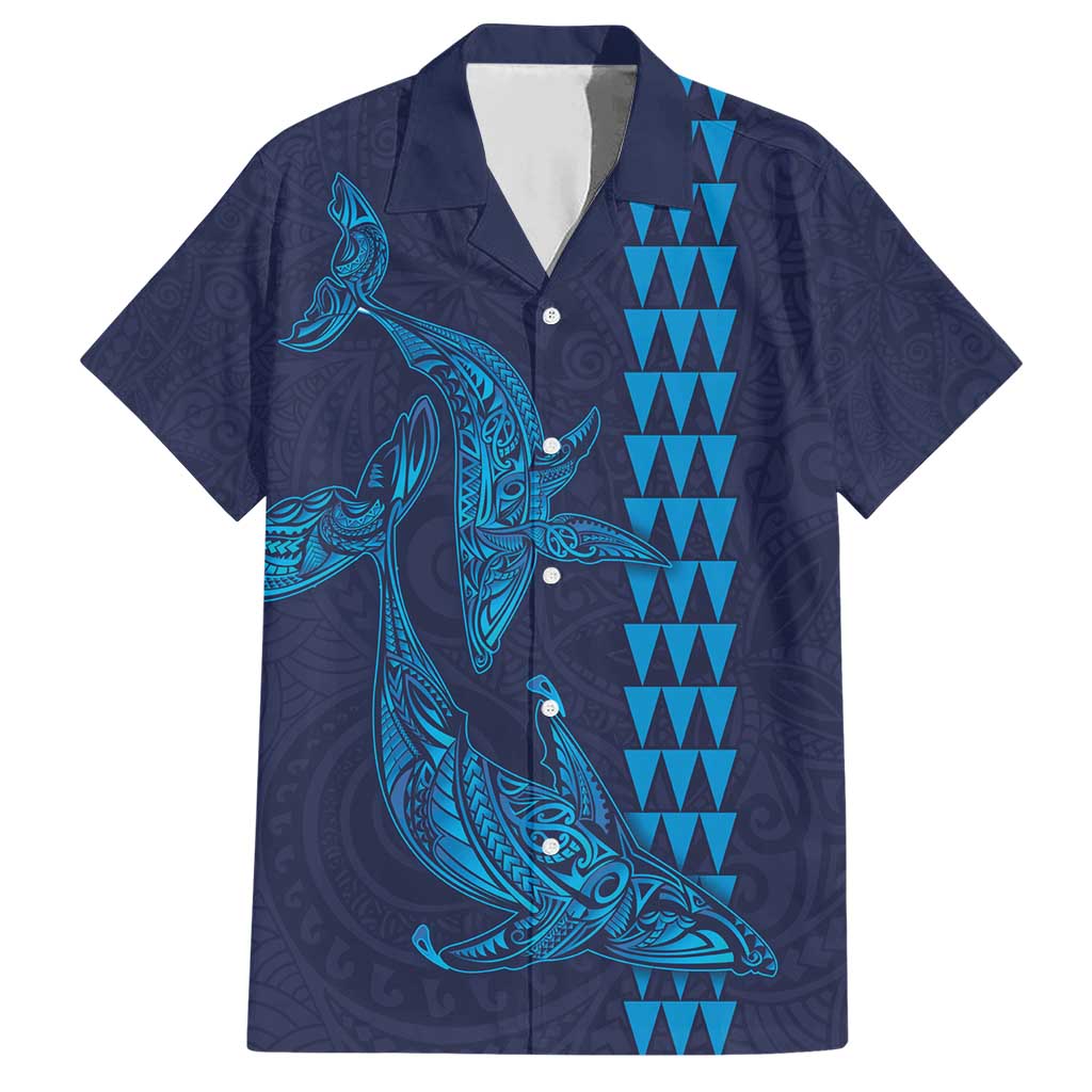 Aloha Hawaii Whale Kakau and Polynesian Tattoo Family Matching Short Sleeve Bodycon Dress and Hawaiian Shirt Dark Navy Color