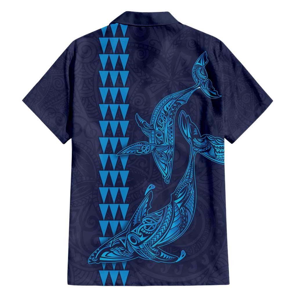 Aloha Hawaii Whale Kakau and Polynesian Tattoo Family Matching Short Sleeve Bodycon Dress and Hawaiian Shirt Dark Navy Color