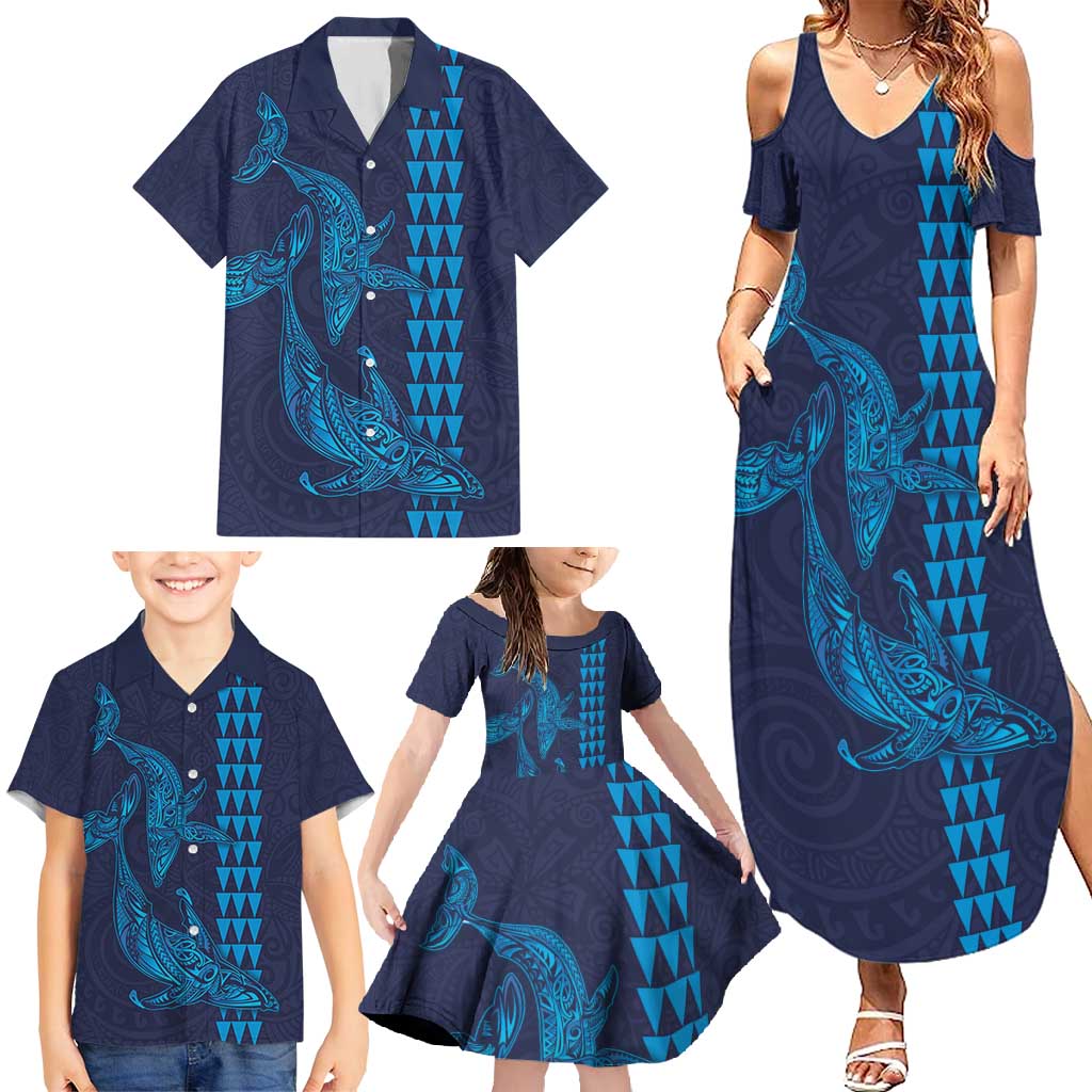 Aloha Hawaii Whale Kakau and Polynesian Tattoo Family Matching Summer Maxi Dress and Hawaiian Shirt Dark Navy Color