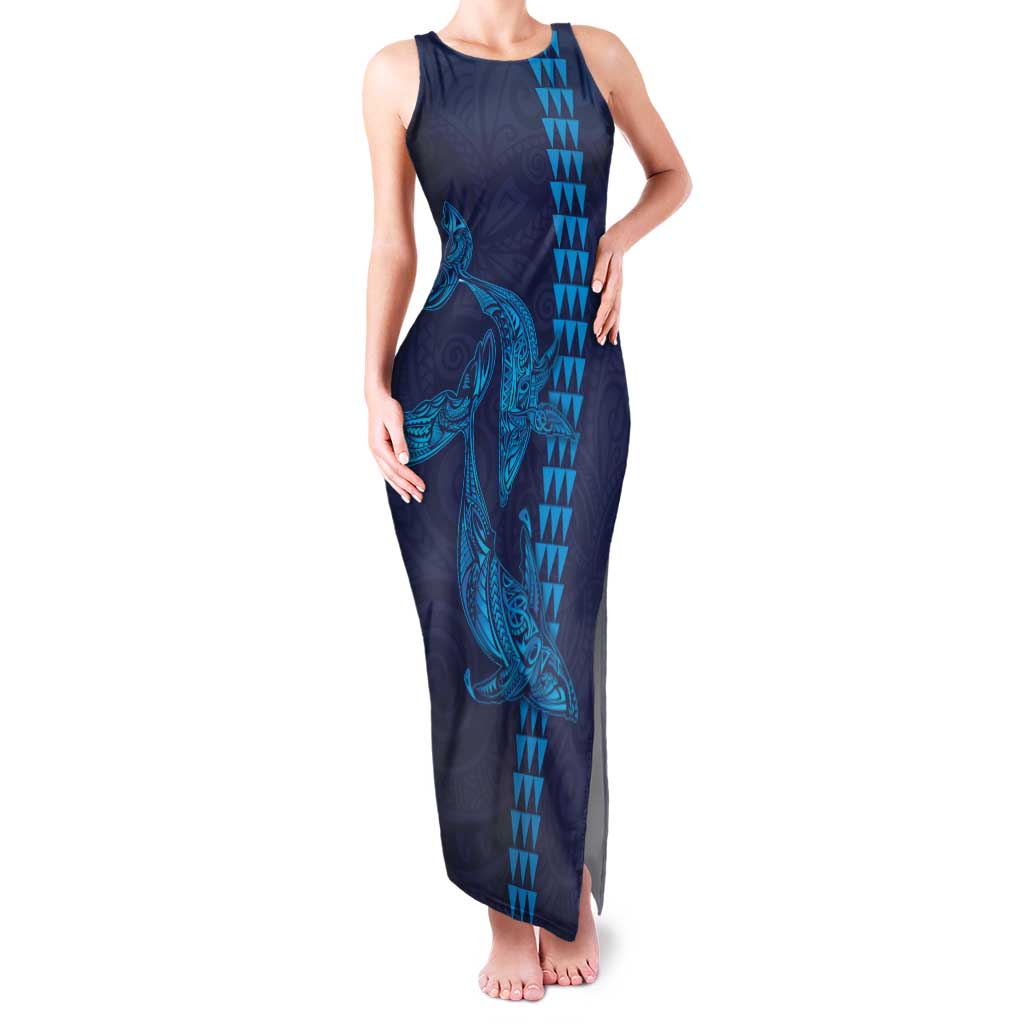 Aloha Hawaii Whale Kakau and Polynesian Tattoo Family Matching Tank Maxi Dress and Hawaiian Shirt Dark Navy Color