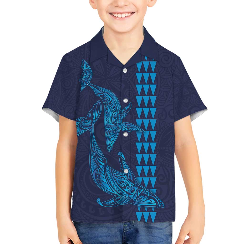 Aloha Hawaii Whale Kakau and Polynesian Tattoo Family Matching Tank Maxi Dress and Hawaiian Shirt Dark Navy Color