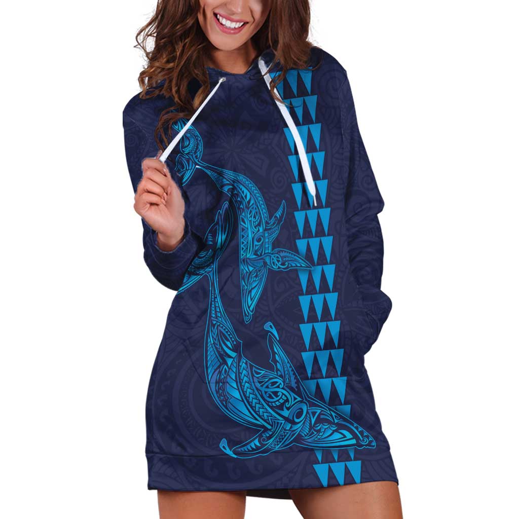 Aloha Hawaii Whale Kakau and Polynesian Tattoo Hoodie Dress Dark Navy Color