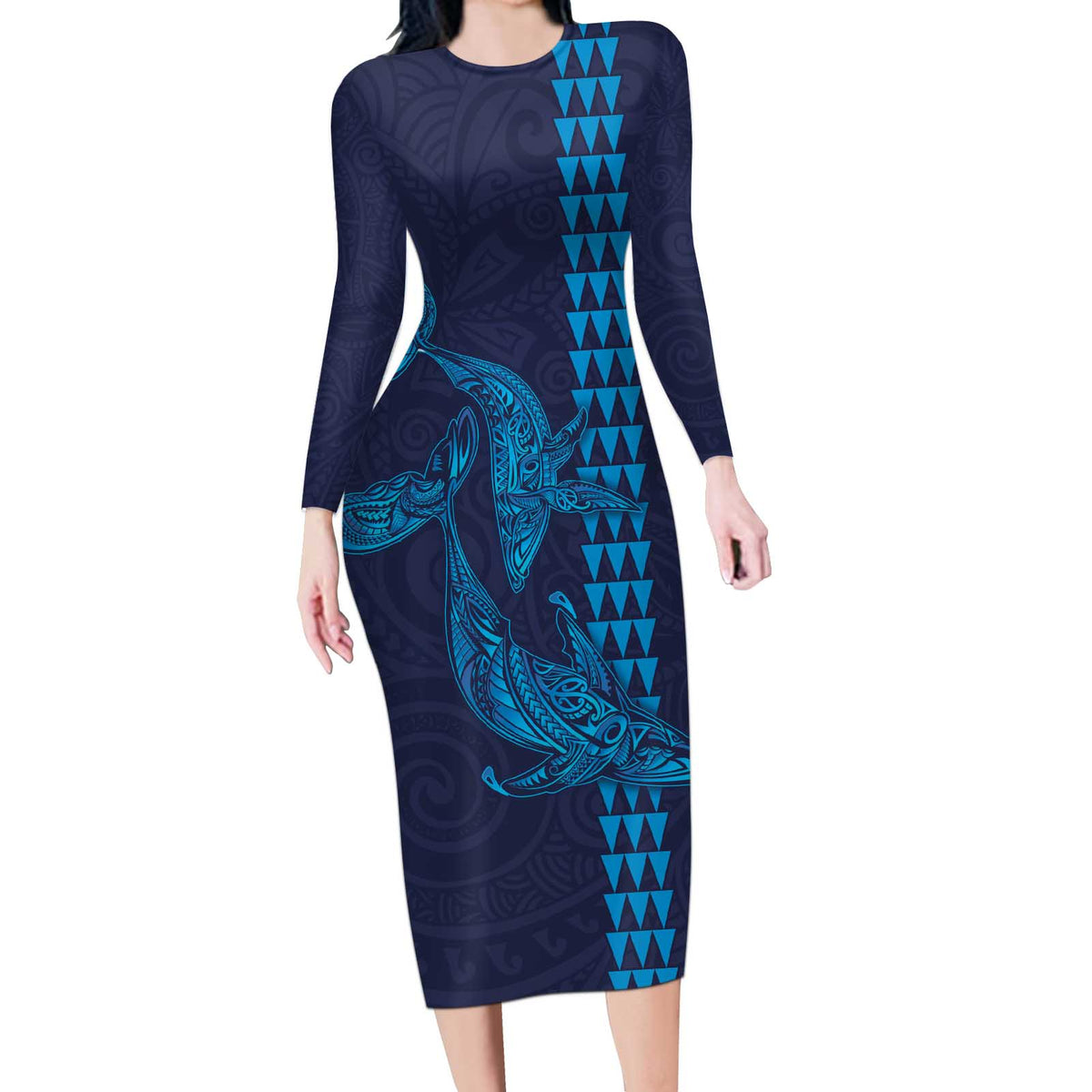 Aloha Hawaii Whale Kakau and Polynesian Tattoo Long Sleeve Bodycon Dress Dark Navy Color