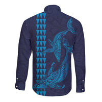 Aloha Hawaii Whale Kakau and Polynesian Tattoo Long Sleeve Button Shirt Dark Navy Color