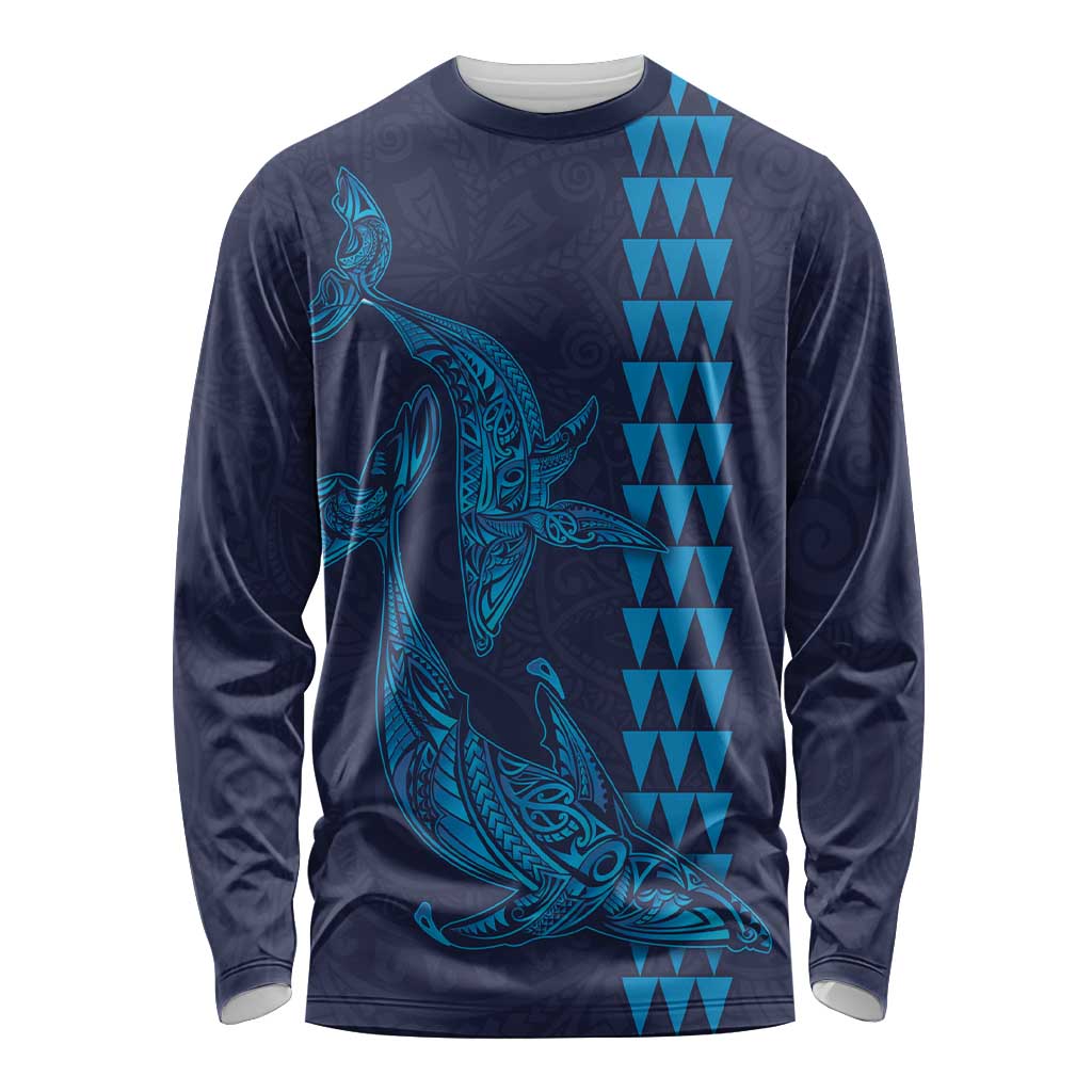 Aloha Hawaii Whale Kakau and Polynesian Tattoo Long Sleeve Shirt Dark Navy Color