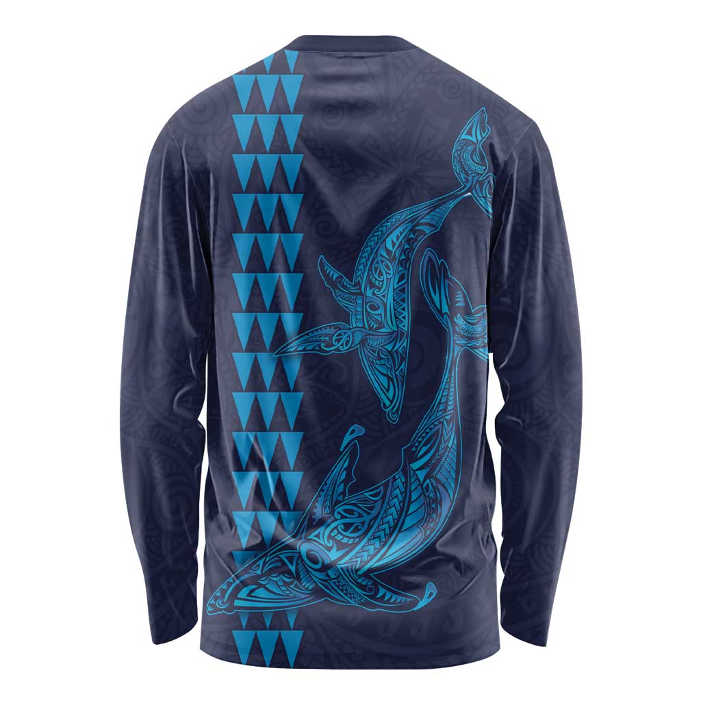 Aloha Hawaii Whale Kakau and Polynesian Tattoo Long Sleeve Shirt Dark Navy Color