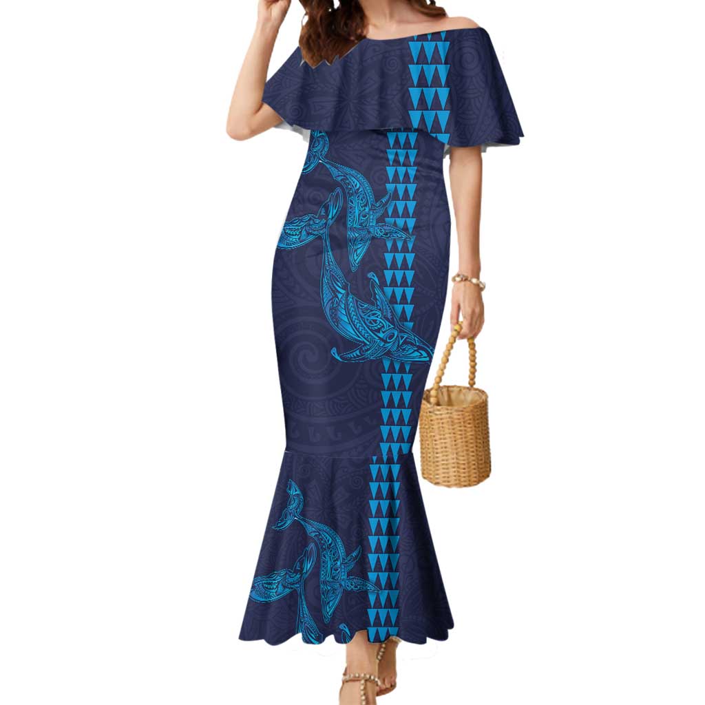 Aloha Hawaii Whale Kakau and Polynesian Tattoo Mermaid Dress Dark Navy Color