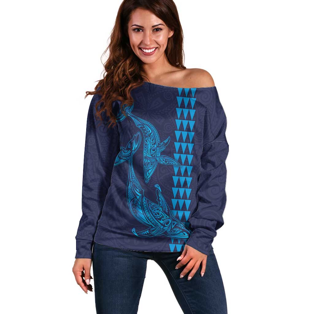 Aloha Hawaii Whale Kakau and Polynesian Tattoo Off Shoulder Sweater Dark Navy Color