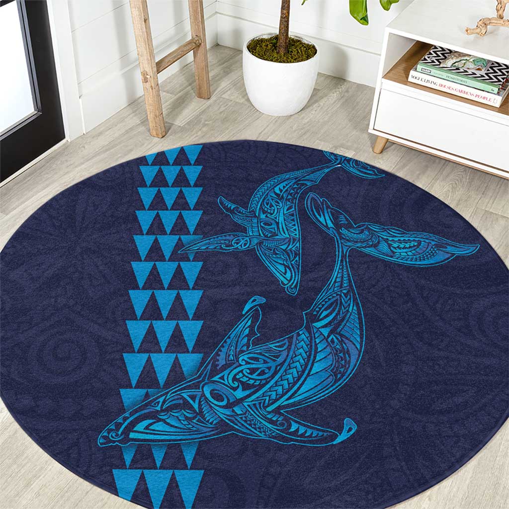 Aloha Hawaii Whale Kakau and Polynesian Tattoo Round Carpet Dark Navy Color