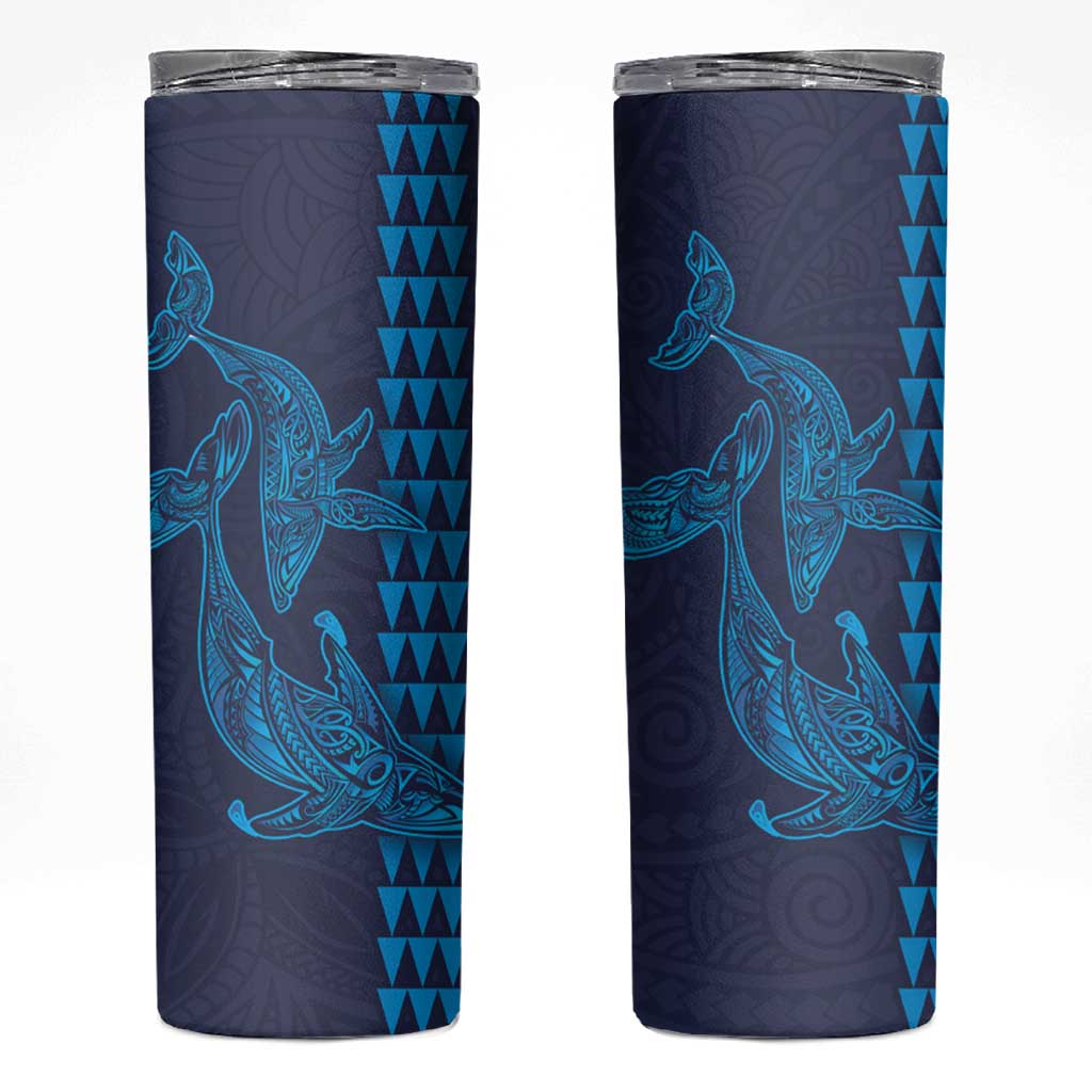 Aloha Hawaii Whale Kakau and Polynesian Tattoo Skinny Tumbler Dark Navy Color