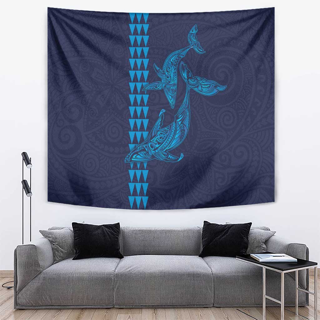 Aloha Hawaii Whale Kakau and Polynesian Tattoo Tapestry Dark Navy Color