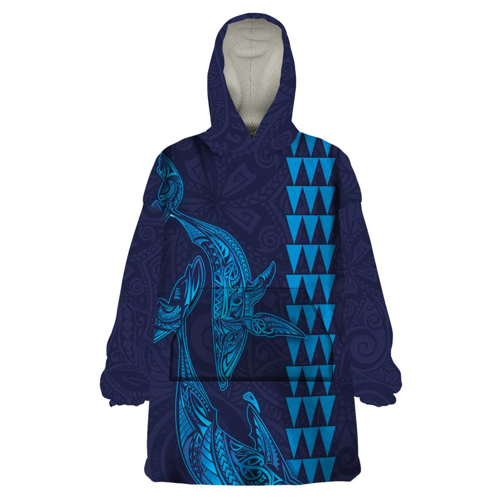 Aloha Hawaii Whale Kakau and Polynesian Tattoo Wearable Blanket Hoodie Dark Navy Color