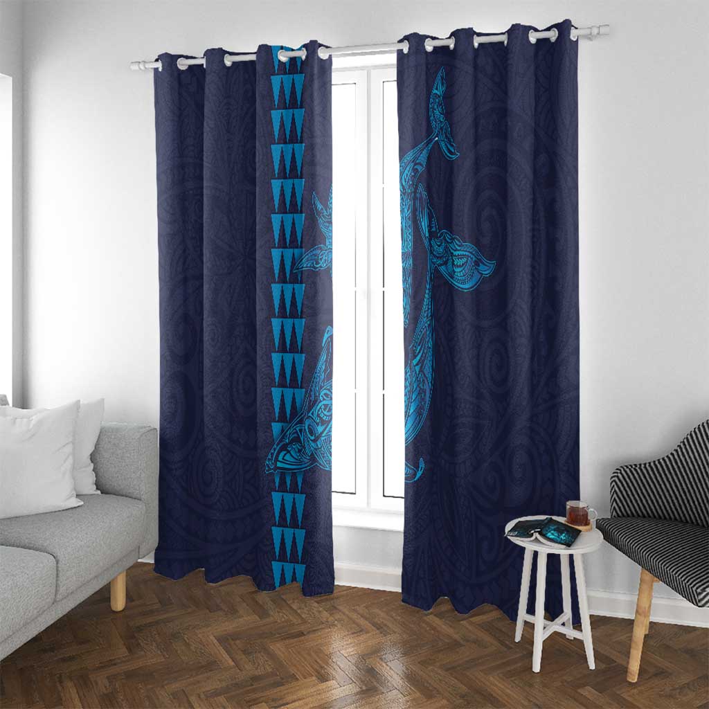 Aloha Hawaii Whale Kakau and Polynesian Tattoo Window Curtain Dark Navy Color LT03 With Grommets Dark Navy - Polynesian Pride