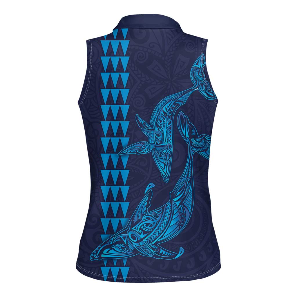 Aloha Hawaii Whale Kakau and Polynesian Tattoo Women Sleeveless Polo Shirt Dark Navy Color