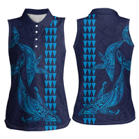 Aloha Hawaii Whale Kakau and Polynesian Tattoo Women Sleeveless Polo Shirt Dark Navy Color