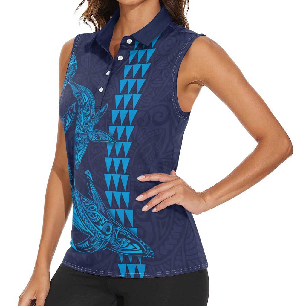 Aloha Hawaii Whale Kakau and Polynesian Tattoo Women Sleeveless Polo Shirt Dark Navy Color