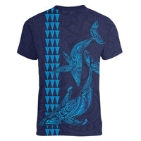 Aloha Hawaii Whale Kakau and Polynesian Tattoo Women V-Neck T-Shirt Dark Navy Color