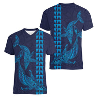 Aloha Hawaii Whale Kakau and Polynesian Tattoo Women V-Neck T-Shirt Dark Navy Color
