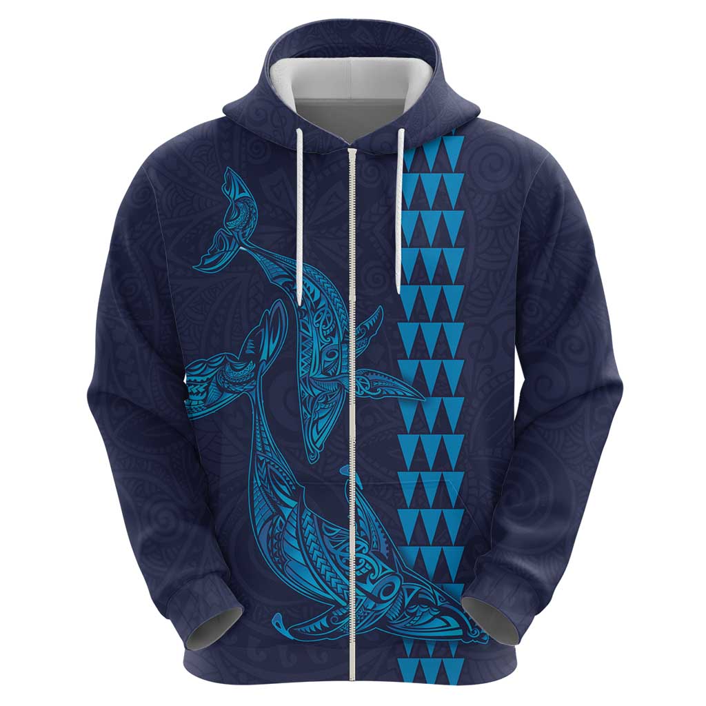Aloha Hawaii Whale Kakau and Polynesian Tattoo Zip Hoodie Dark Navy Color