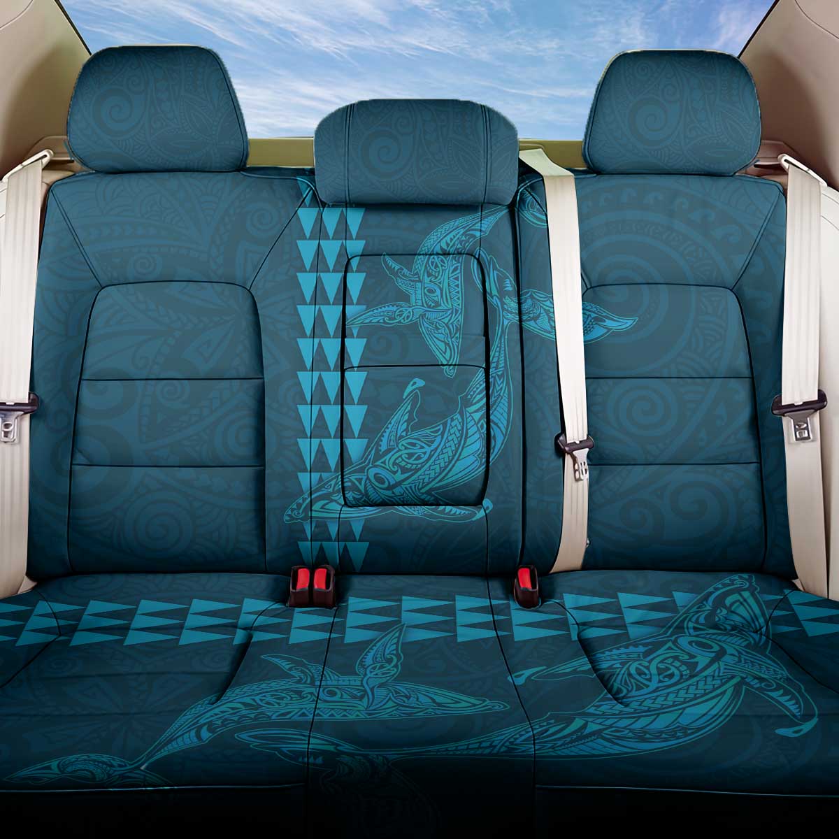 Aloha Hawaii Whale Kakau and Polynesian Tattoo Back Car Seat Cover Light Blue Color