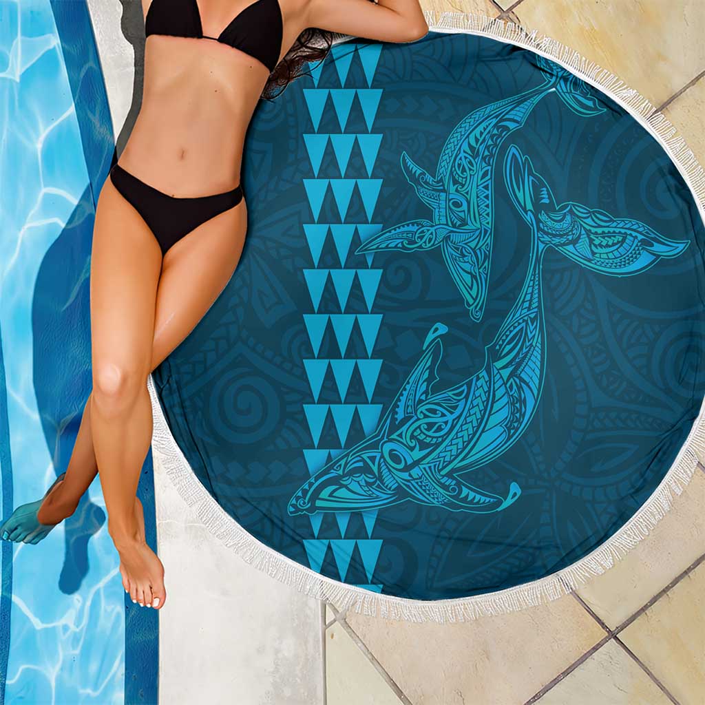 Aloha Hawaii Whale Kakau and Polynesian Tattoo Beach Blanket Light Blue Color