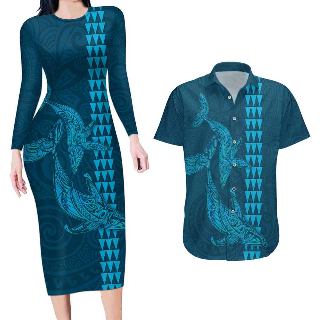 Aloha Hawaii Whale Kakau and Polynesian Tattoo Couples Matching Long Sleeve Bodycon Dress and Hawaiian Shirt Light Blue Color LT03 Light Blue - Polynesian Pride