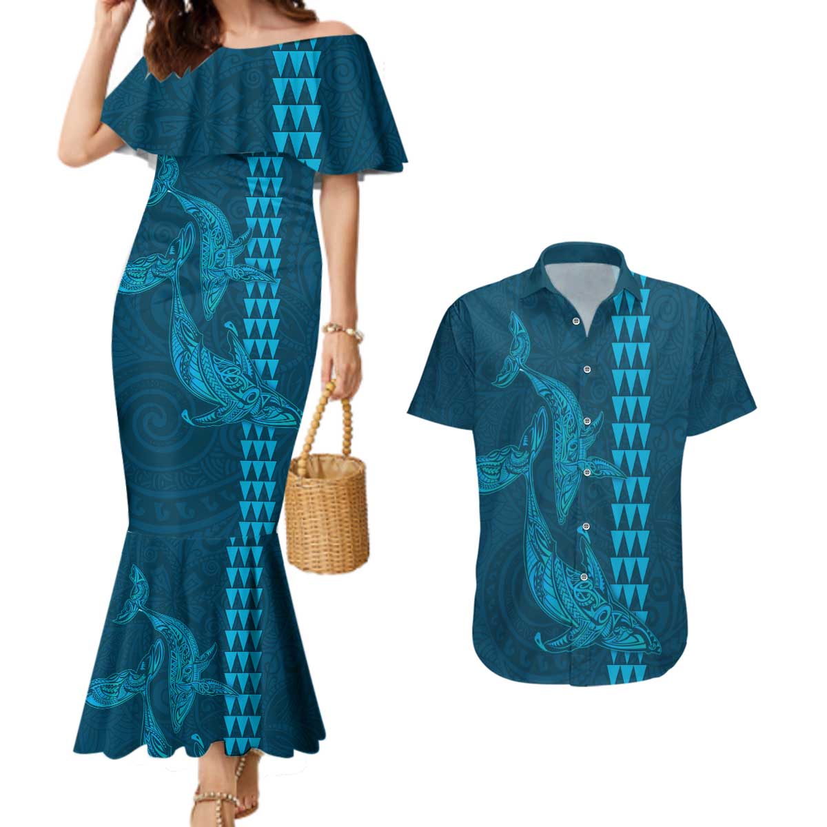 Aloha Hawaii Whale Kakau and Polynesian Tattoo Couples Matching Mermaid Dress and Hawaiian Shirt Light Blue Color