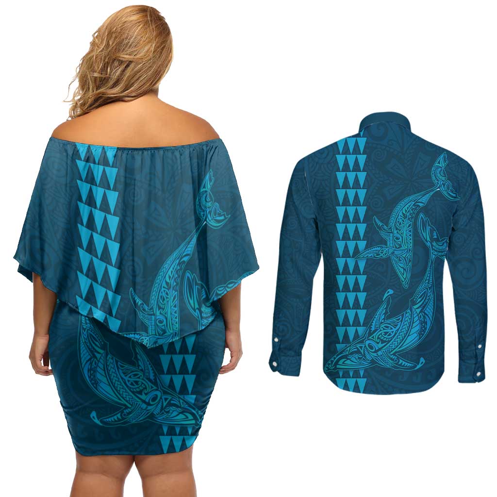 Aloha Hawaii Whale Kakau and Polynesian Tattoo Couples Matching Off Shoulder Short Dress and Long Sleeve Button Shirt Light Blue Color LT03 - Polynesian Pride