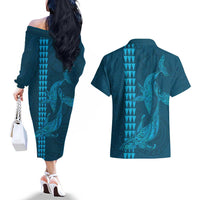 Aloha Hawaii Whale Kakau and Polynesian Tattoo Couples Matching Off The Shoulder Long Sleeve Dress and Hawaiian Shirt Light Blue Color LT03 - Polynesian Pride