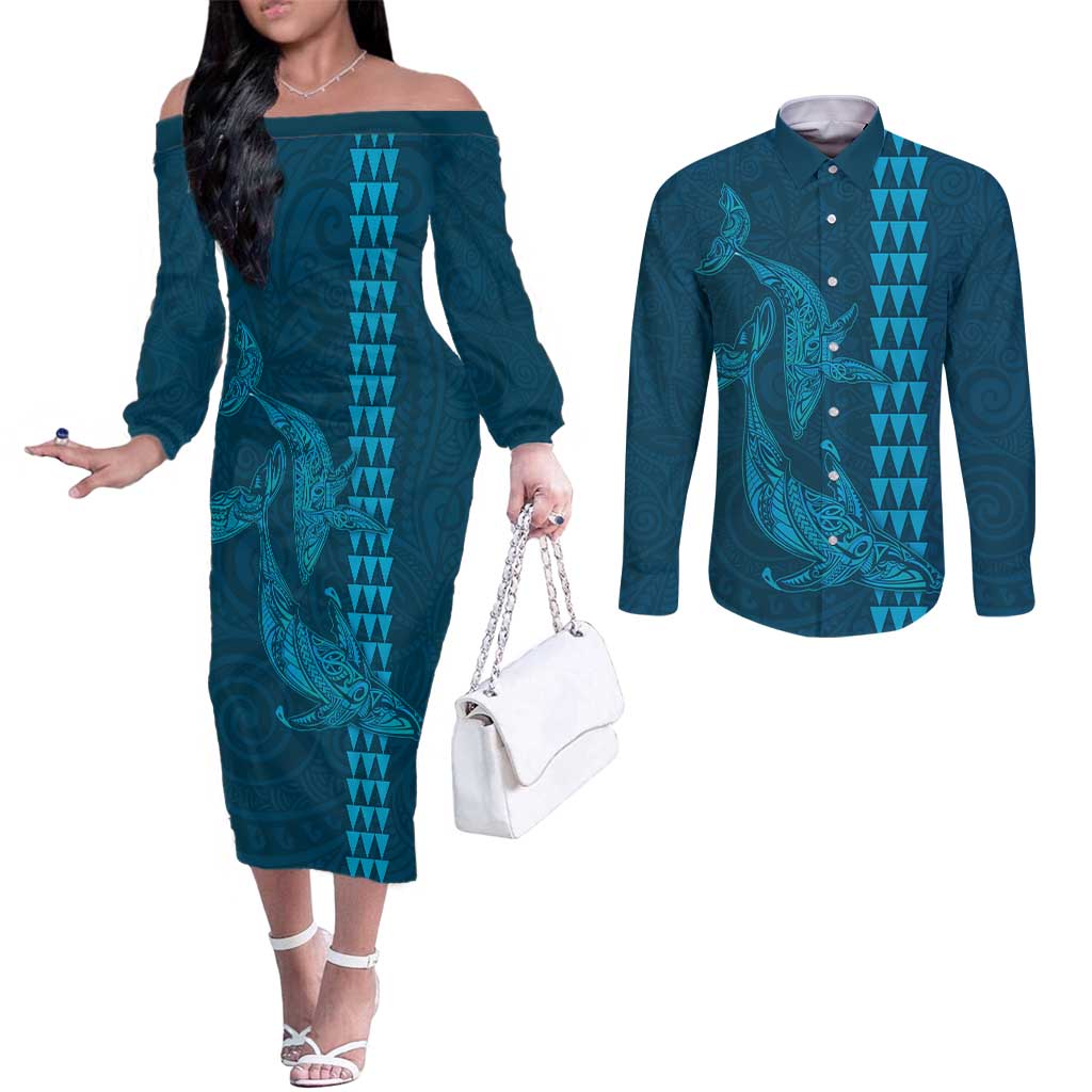 Aloha Hawaii Whale Kakau and Polynesian Tattoo Couples Matching Off The Shoulder Long Sleeve Dress and Long Sleeve Button Shirt Light Blue Color LT03 Light Blue - Polynesian Pride