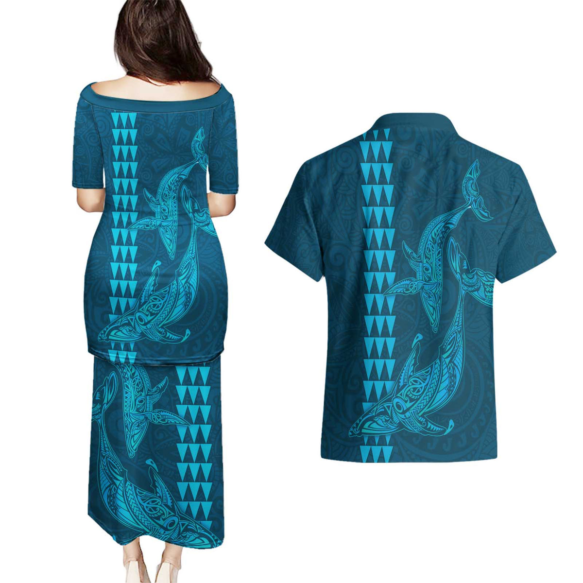 Aloha Hawaii Whale Kakau and Polynesian Tattoo Couples Matching Puletasi and Hawaiian Shirt Light Blue Color