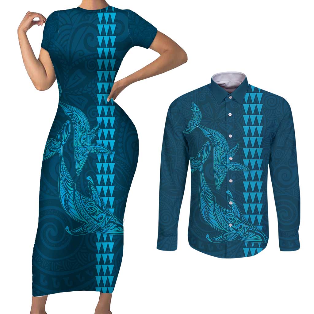 Aloha Hawaii Whale Kakau and Polynesian Tattoo Couples Matching Short Sleeve Bodycon Dress and Long Sleeve Button Shirt Light Blue Color LT03 Light Blue - Polynesian Pride