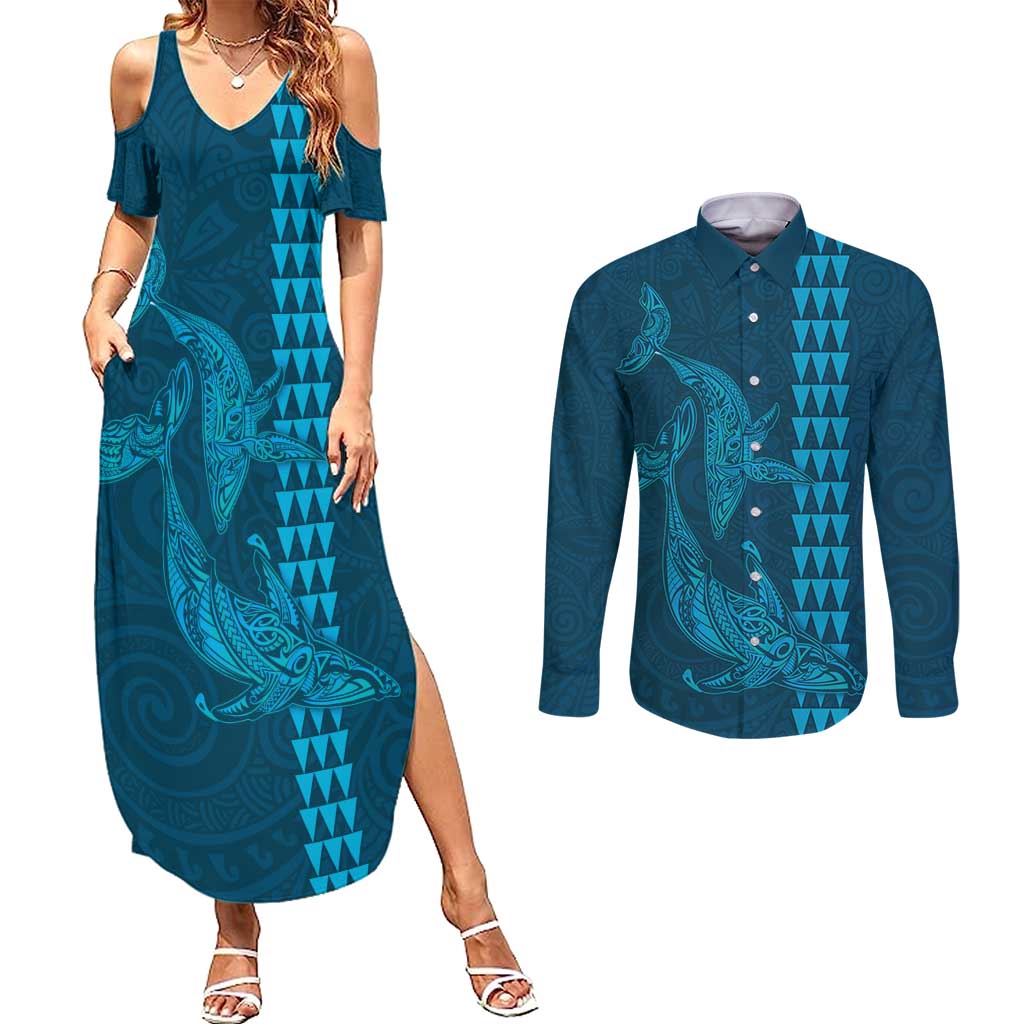 Aloha Hawaii Whale Kakau and Polynesian Tattoo Couples Matching Summer Maxi Dress and Long Sleeve Button Shirt Light Blue Color LT03 Light Blue - Polynesian Pride