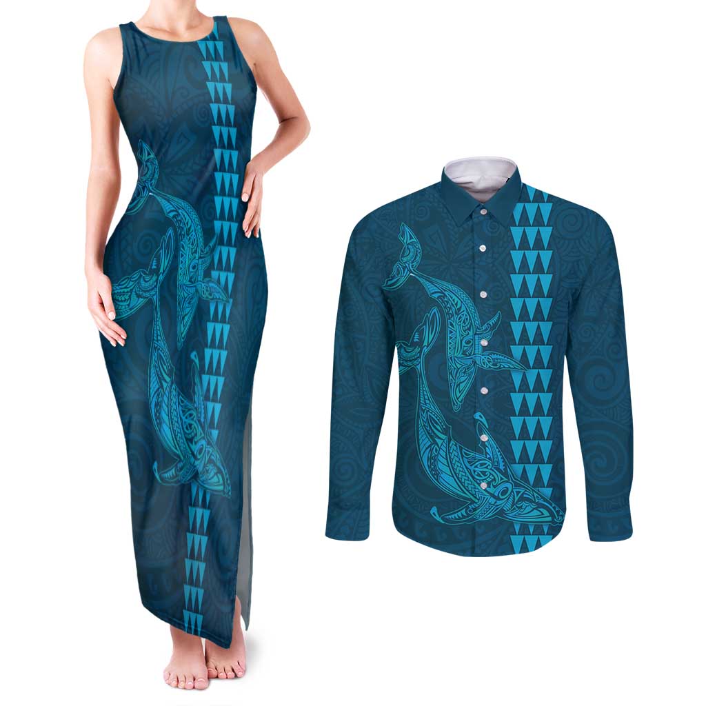 Aloha Hawaii Whale Kakau and Polynesian Tattoo Couples Matching Tank Maxi Dress and Long Sleeve Button Shirt Light Blue Color LT03 Light Blue - Polynesian Pride