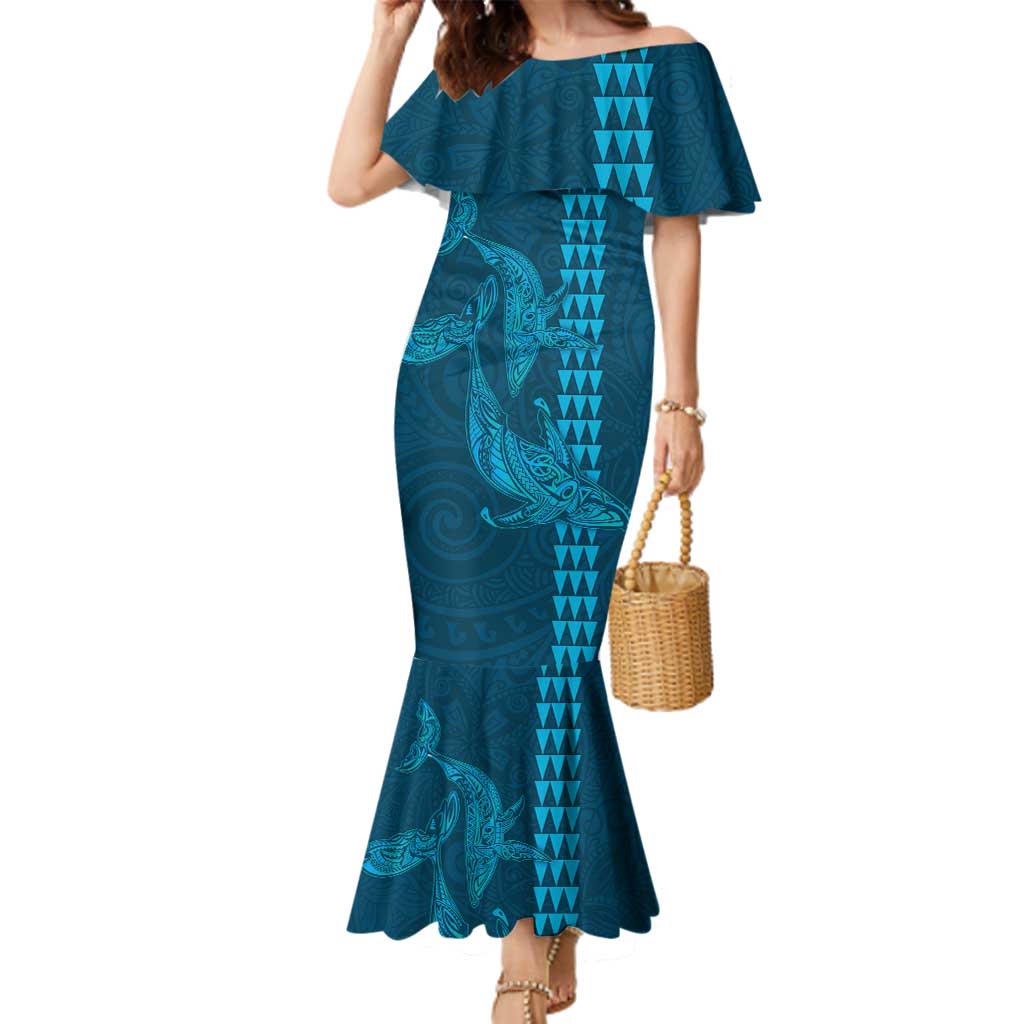 Aloha Hawaii Whale Kakau and Polynesian Tattoo Family Matching Mermaid Dress and Hawaiian Shirt Light Blue Color