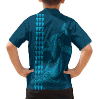 Aloha Hawaii Whale Kakau and Polynesian Tattoo Family Matching Off The Shoulder Long Sleeve Dress and Hawaiian Shirt Light Blue Color