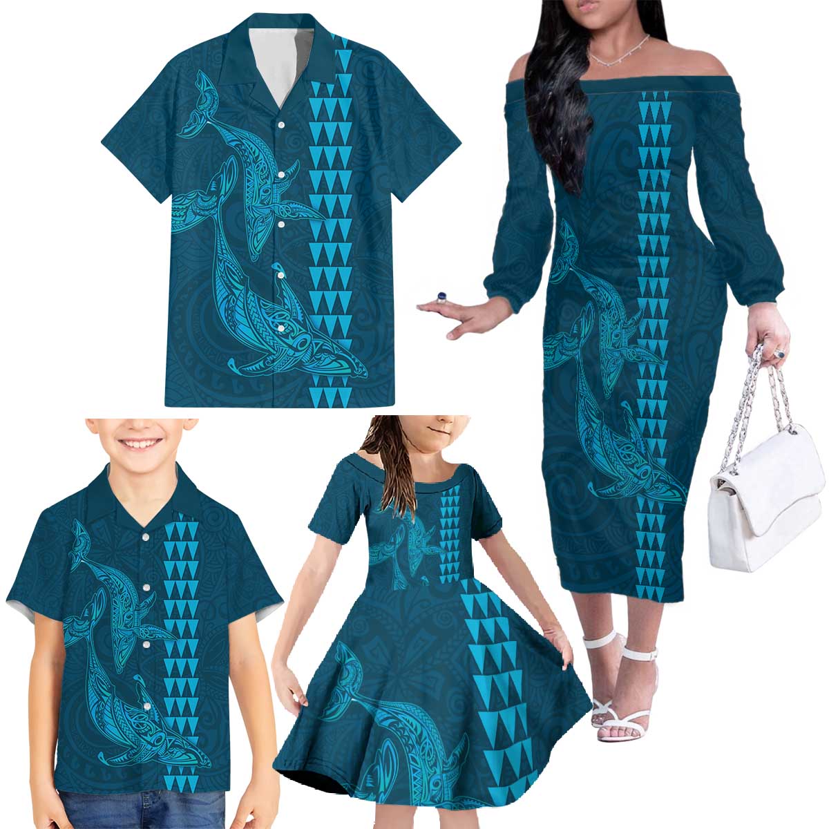 Aloha Hawaii Whale Kakau and Polynesian Tattoo Family Matching Off The Shoulder Long Sleeve Dress and Hawaiian Shirt Light Blue Color