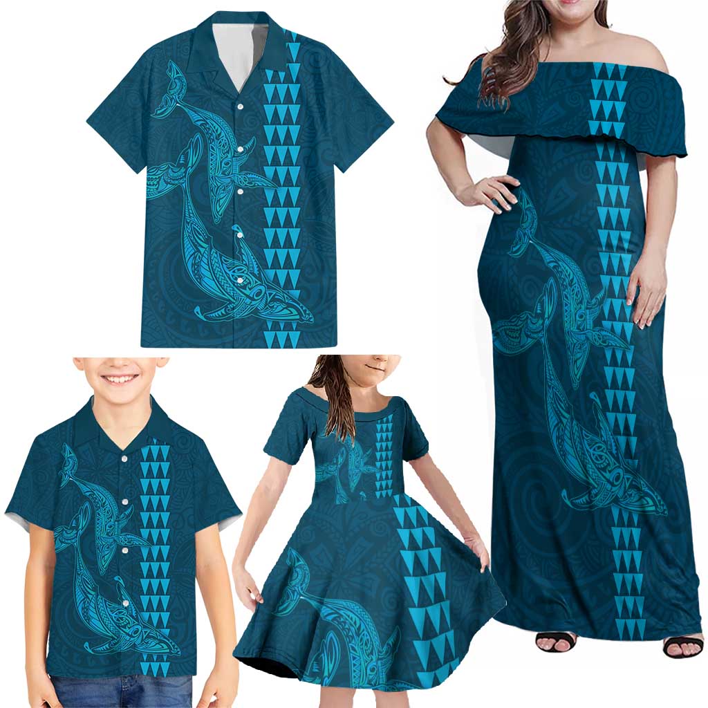 Aloha Hawaii Whale Kakau and Polynesian Tattoo Family Matching Off Shoulder Maxi Dress and Hawaiian Shirt Light Blue Color