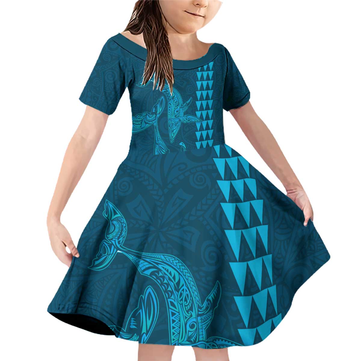 Aloha Hawaii Whale Kakau and Polynesian Tattoo Family Matching Off Shoulder Short Dress and Hawaiian Shirt Light Blue Color LT03 Daughter's Dress Light Blue - Polynesian Pride