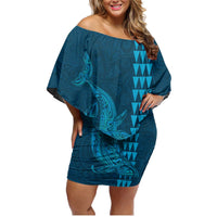 Aloha Hawaii Whale Kakau and Polynesian Tattoo Family Matching Off Shoulder Short Dress and Hawaiian Shirt Light Blue Color LT03 Mom's Dress Light Blue - Polynesian Pride