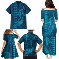 Aloha Hawaii Whale Kakau and Polynesian Tattoo Family Matching Puletasi and Hawaiian Shirt Light Blue Color