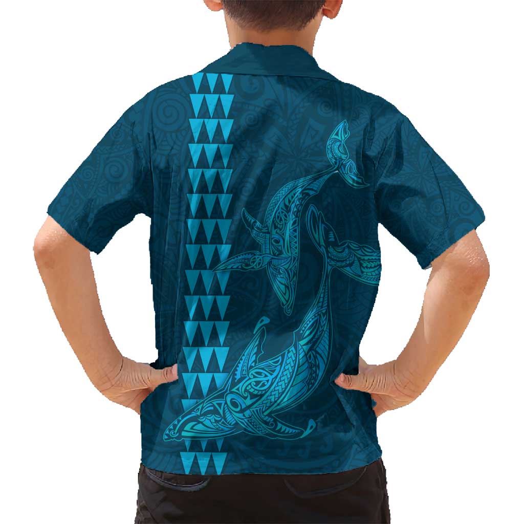 Aloha Hawaii Whale Kakau and Polynesian Tattoo Family Matching Tank Maxi Dress and Hawaiian Shirt Light Blue Color