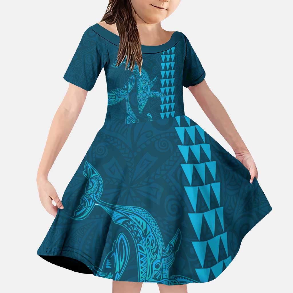 Aloha Hawaii Whale Kakau and Polynesian Tattoo Family Matching Tank Maxi Dress and Hawaiian Shirt Light Blue Color